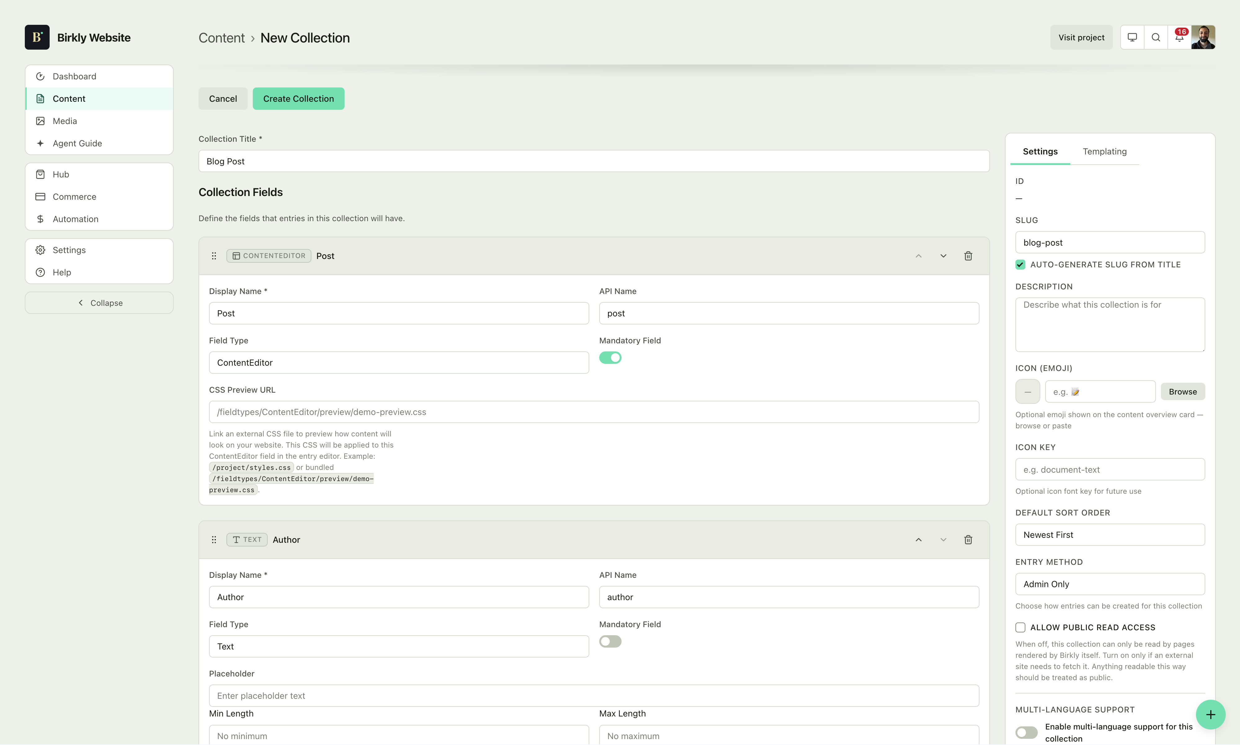 Defining a collection schema in the Birkly admin