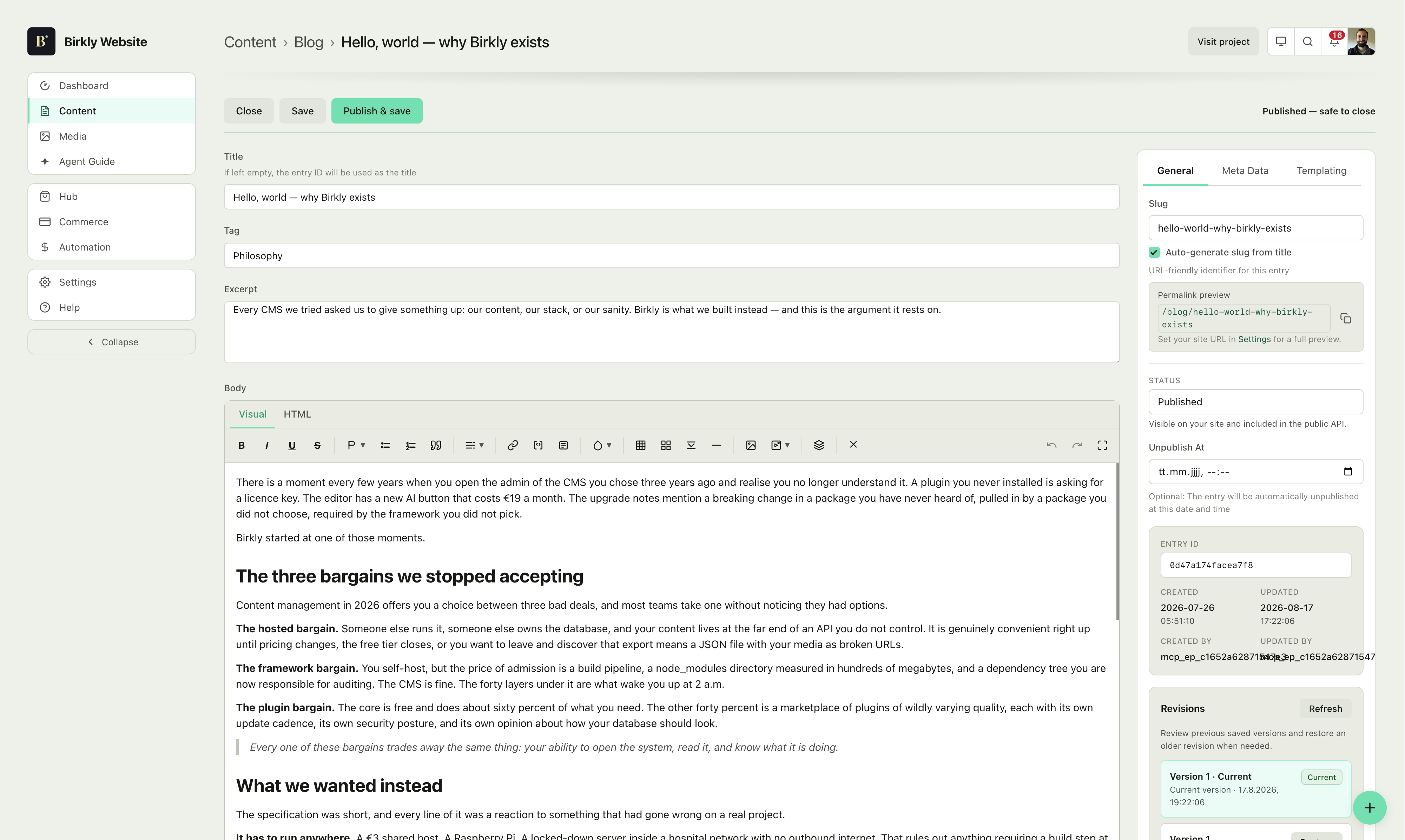 Filling in a new entry in the Birkly admin